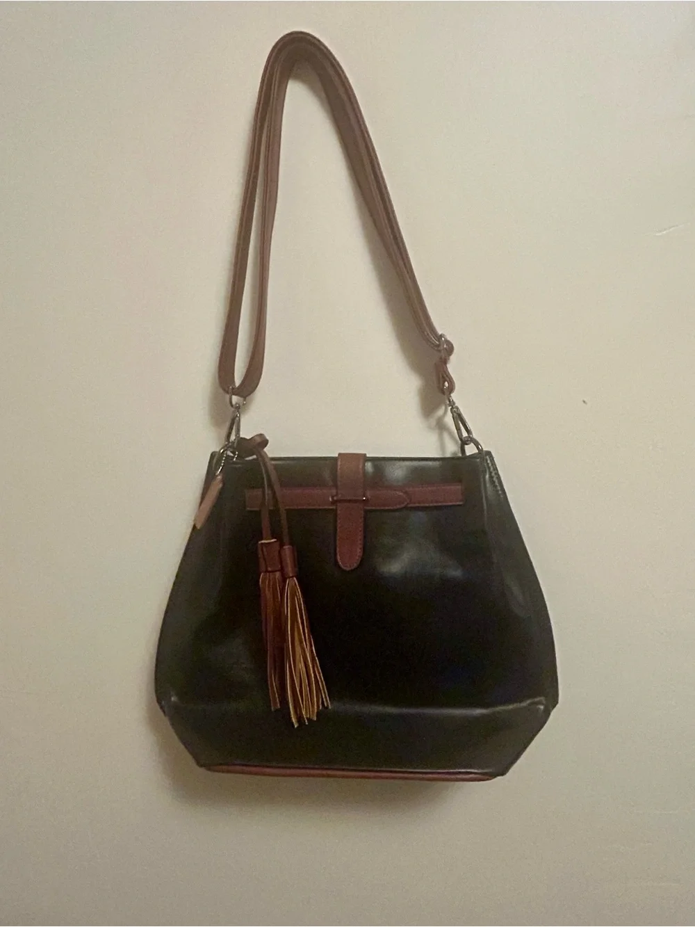 Black Shoulder Bag with Brown Trim and Tassel